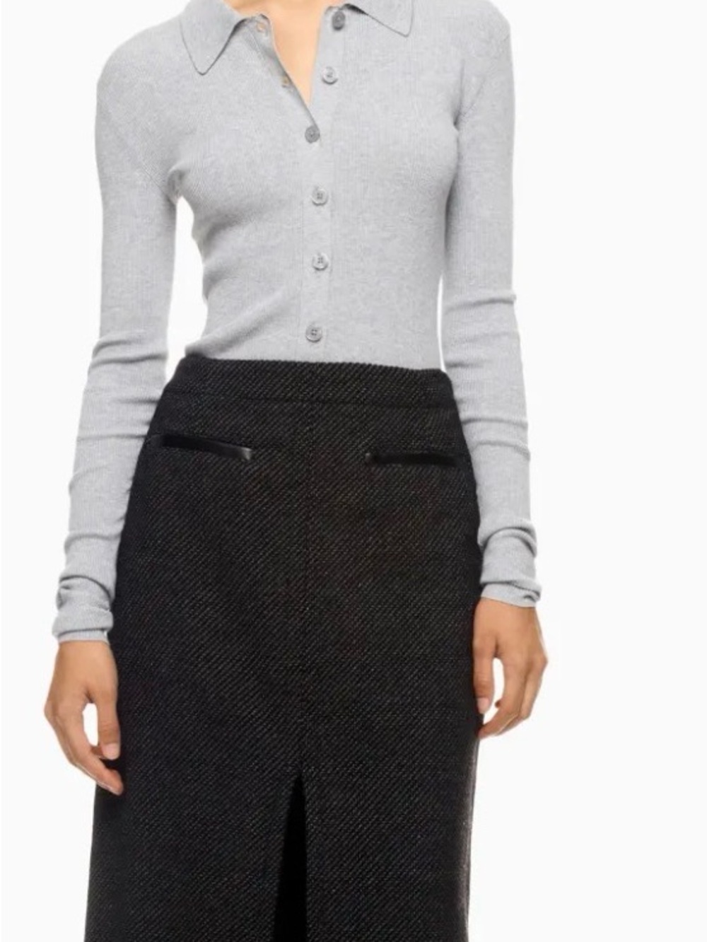 Classic Grey Ribbed Button-Front Knit Top - Picture 3 of 9